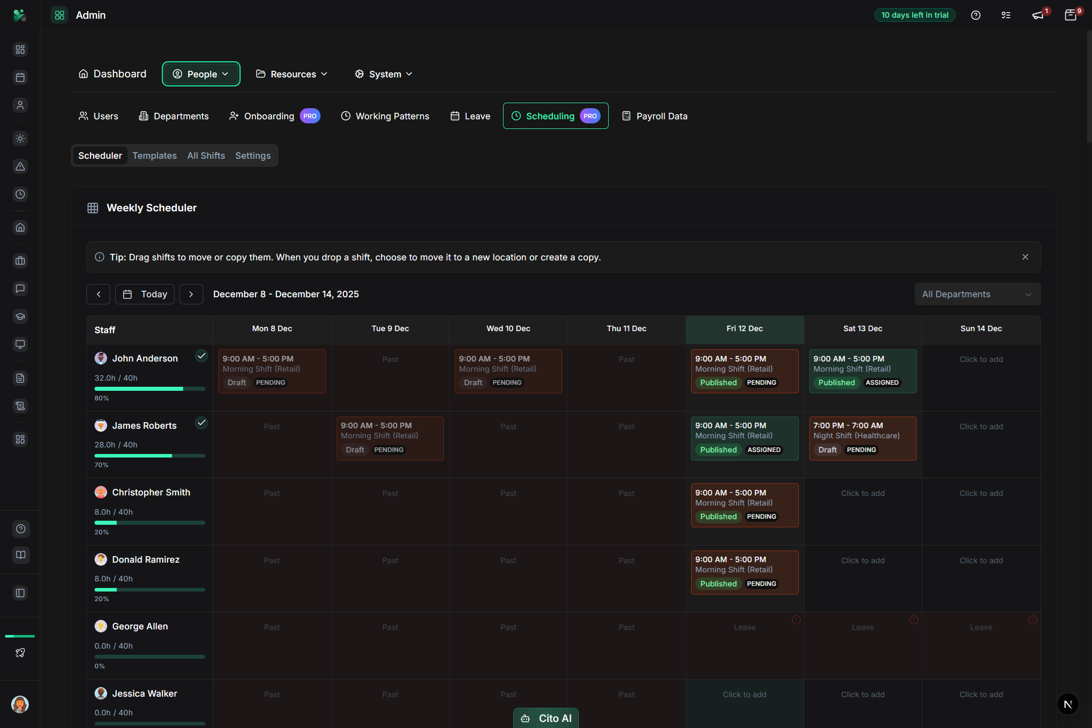 Configurable Working Patterns dashboard and interface - HR Operations feature for UK small businesses