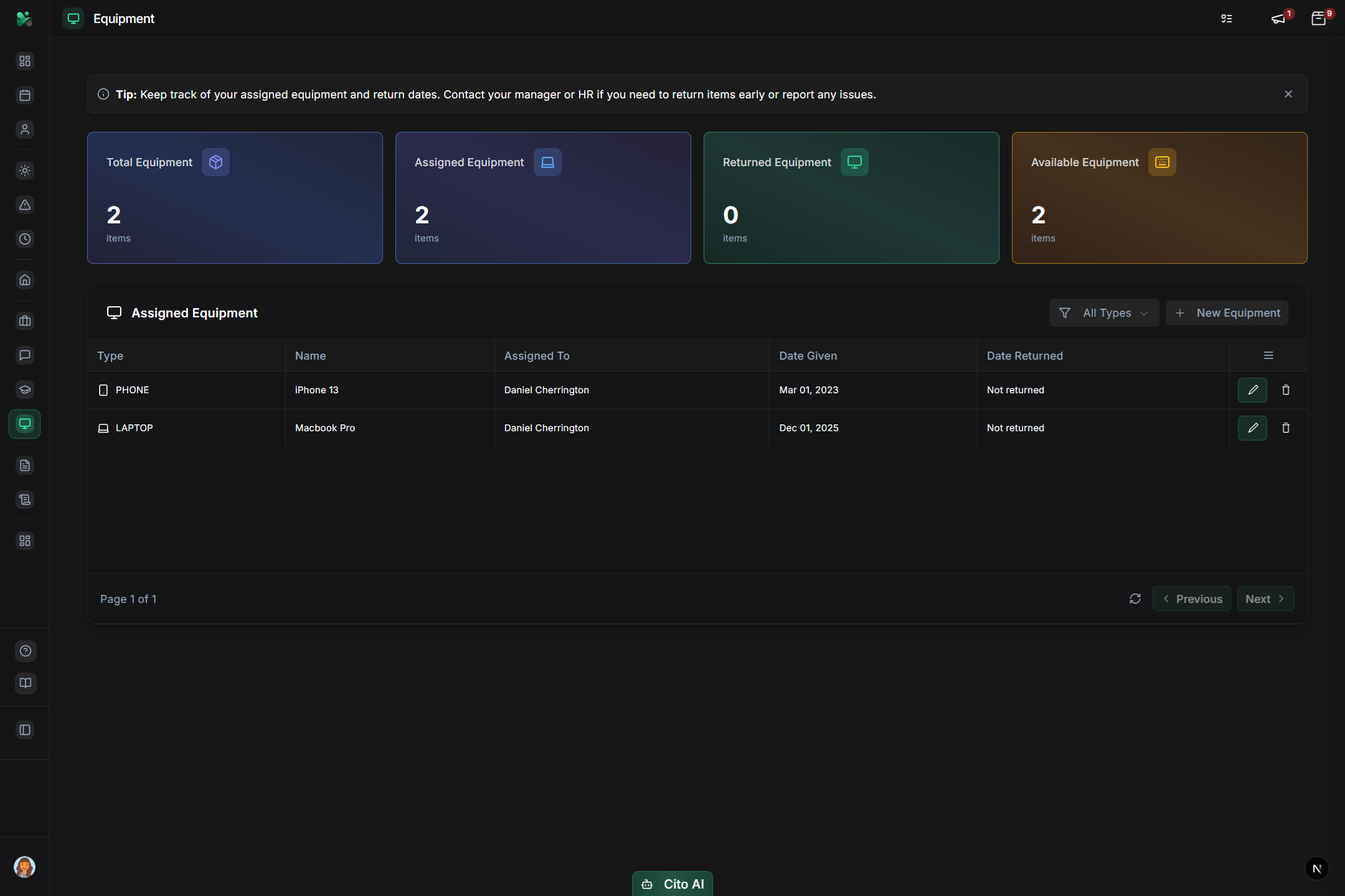 Equipment Tracking dashboard and interface - Finance feature for UK small businesses