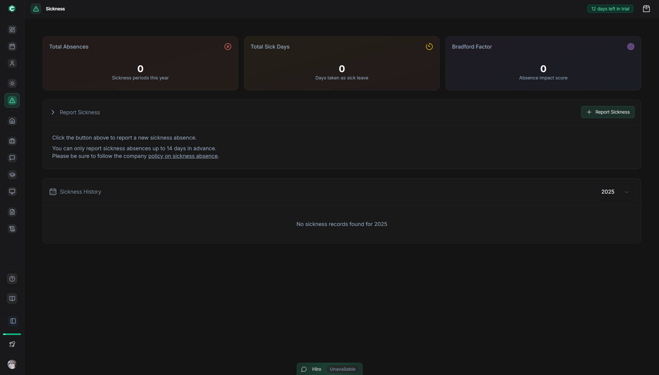 Leave & Sickness Management dashboard and interface - HR & Administration feature for UK small businesses