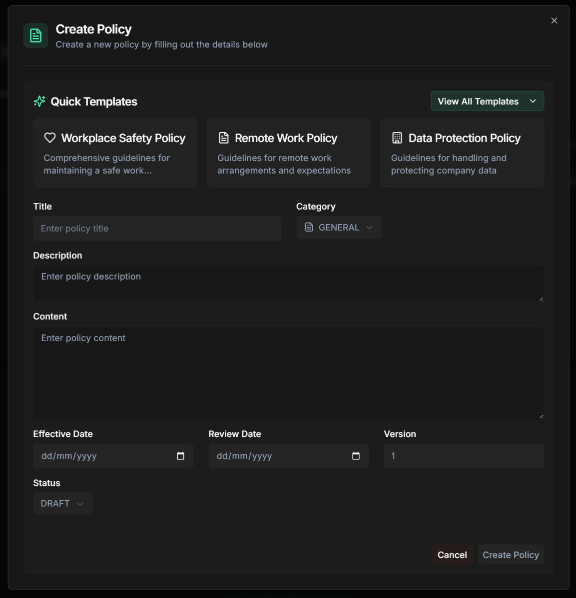 Policy Management dashboard and interface - HR & Administration feature for UK small businesses