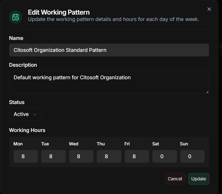 Configurable Working Patterns dashboard and interface - HR & Administration feature for UK small businesses