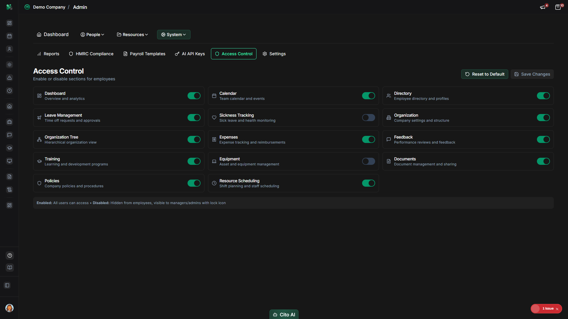Toggling feature access on Access Control page