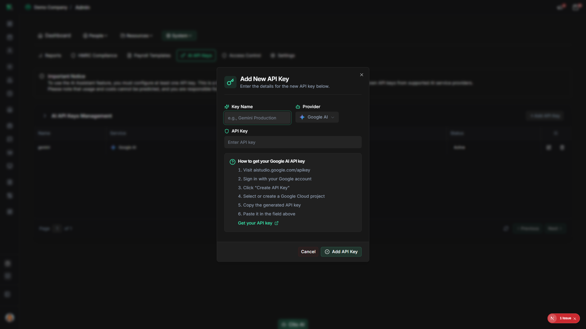 Add AI API key dialog
