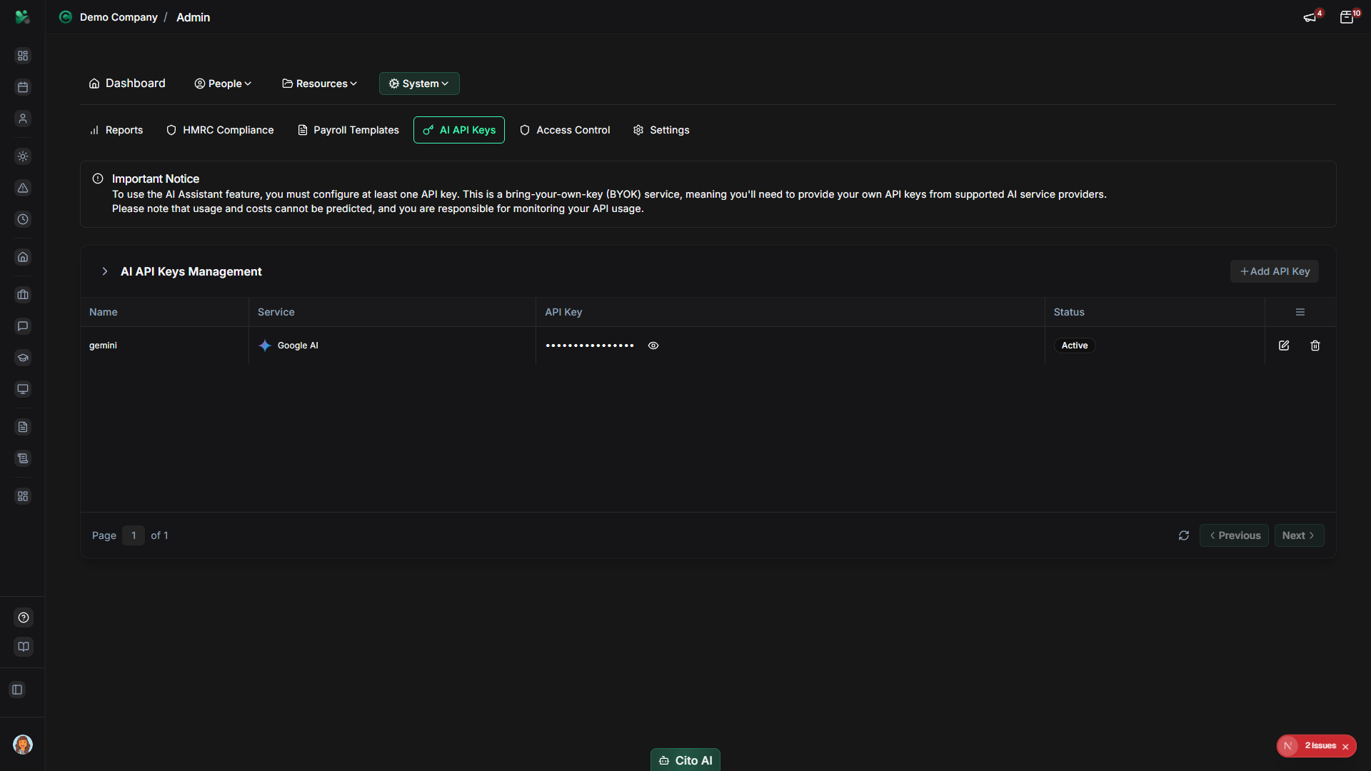 AI API keys table showing all keys