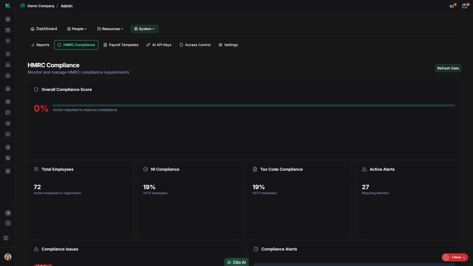 Admin navigation showing HMRC Compliance option