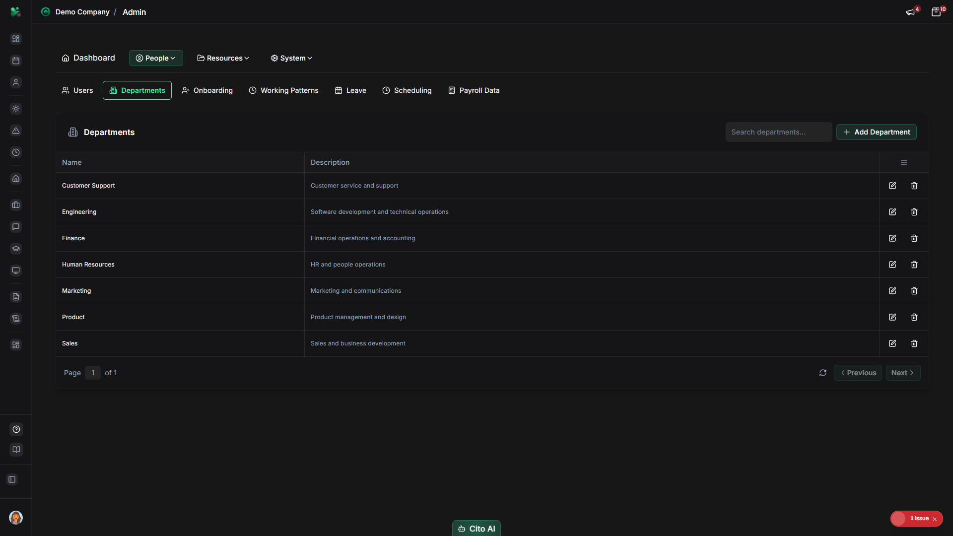 Admin navigation showing Departments option