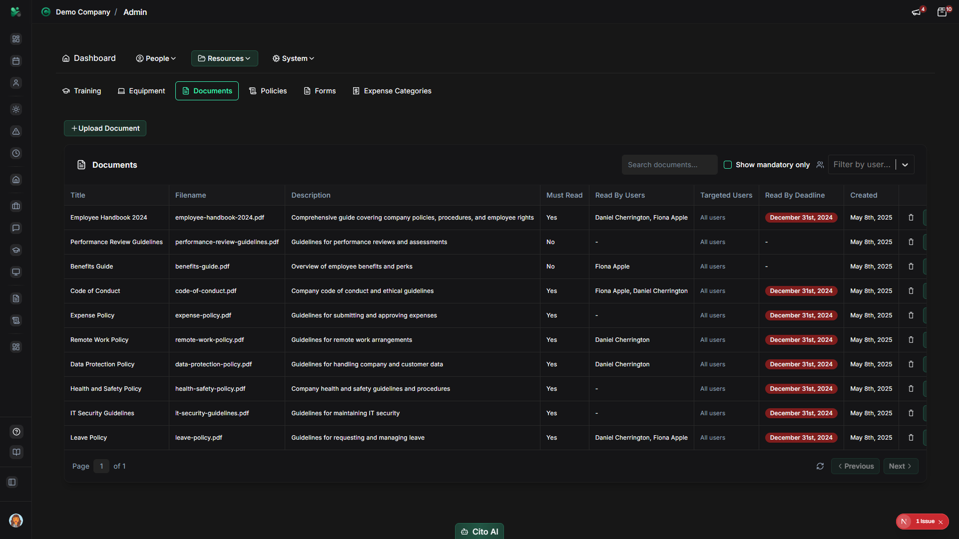 Admin navigation showing Documents option
