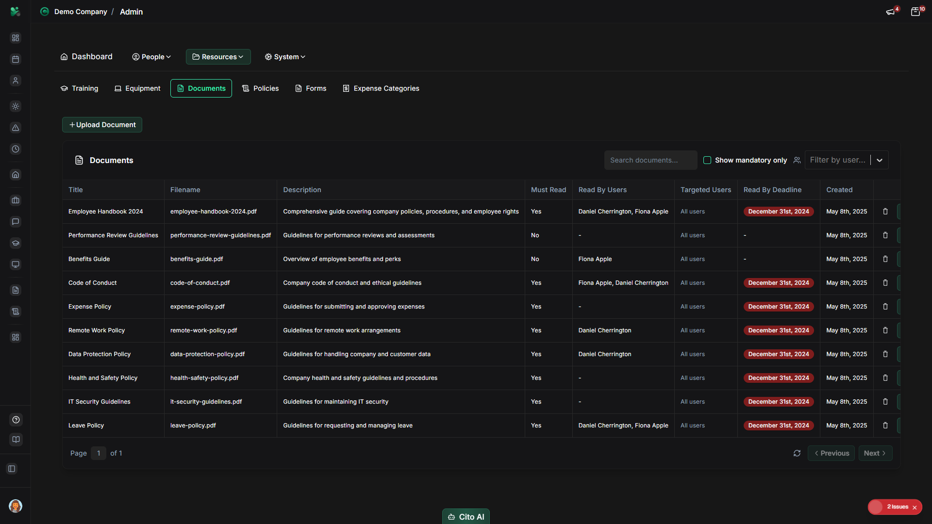 Documents list showing all uploaded documents