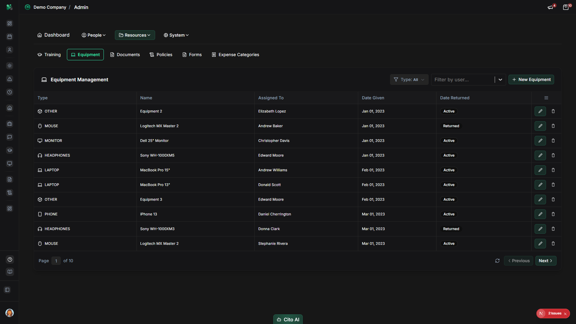 Return equipment dialog