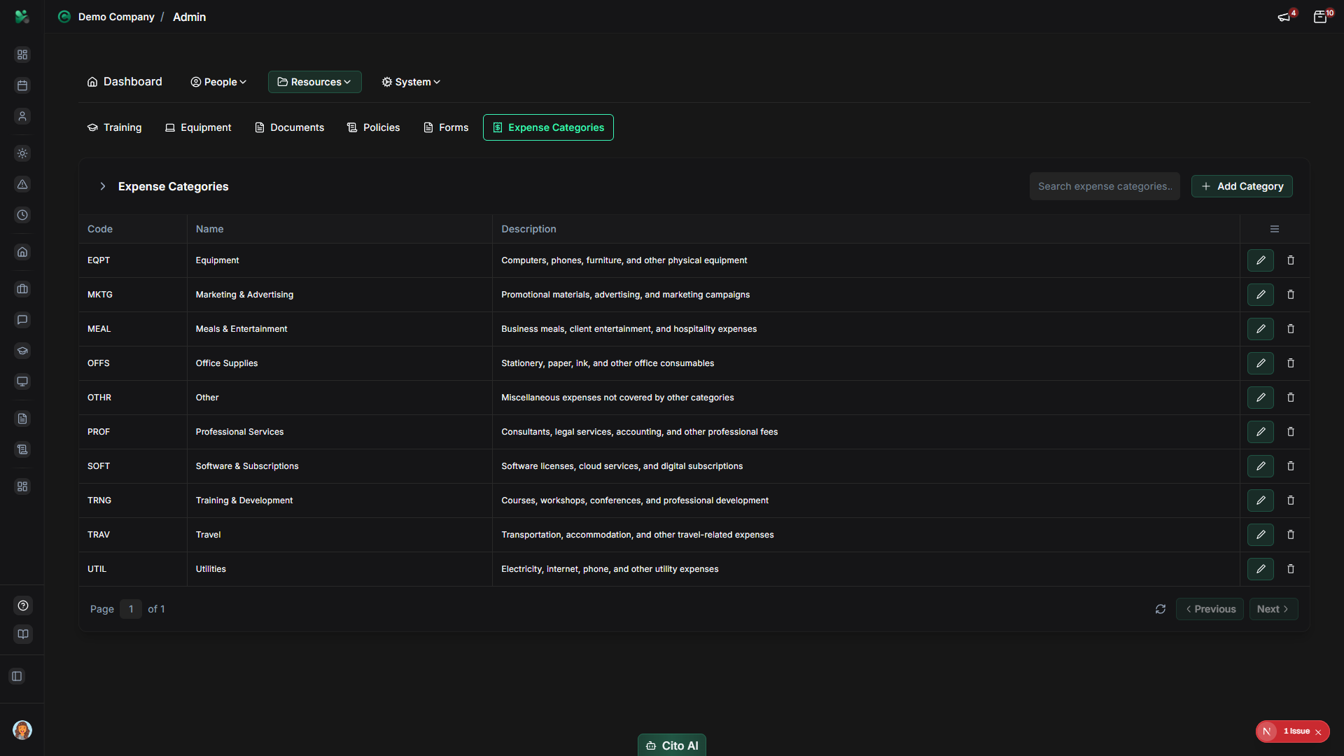 Admin navigation showing Expense Categories option