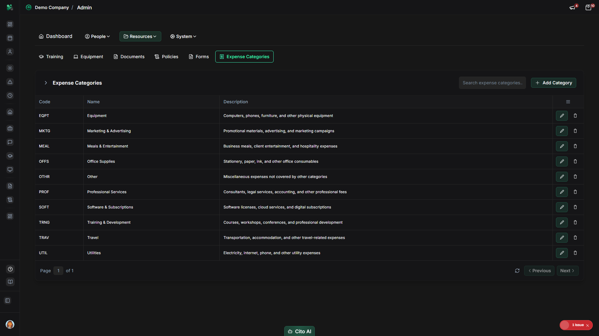 Expense categories table showing all categories