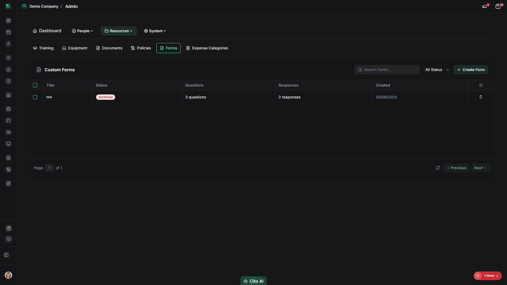 Form responses page showing all submissions