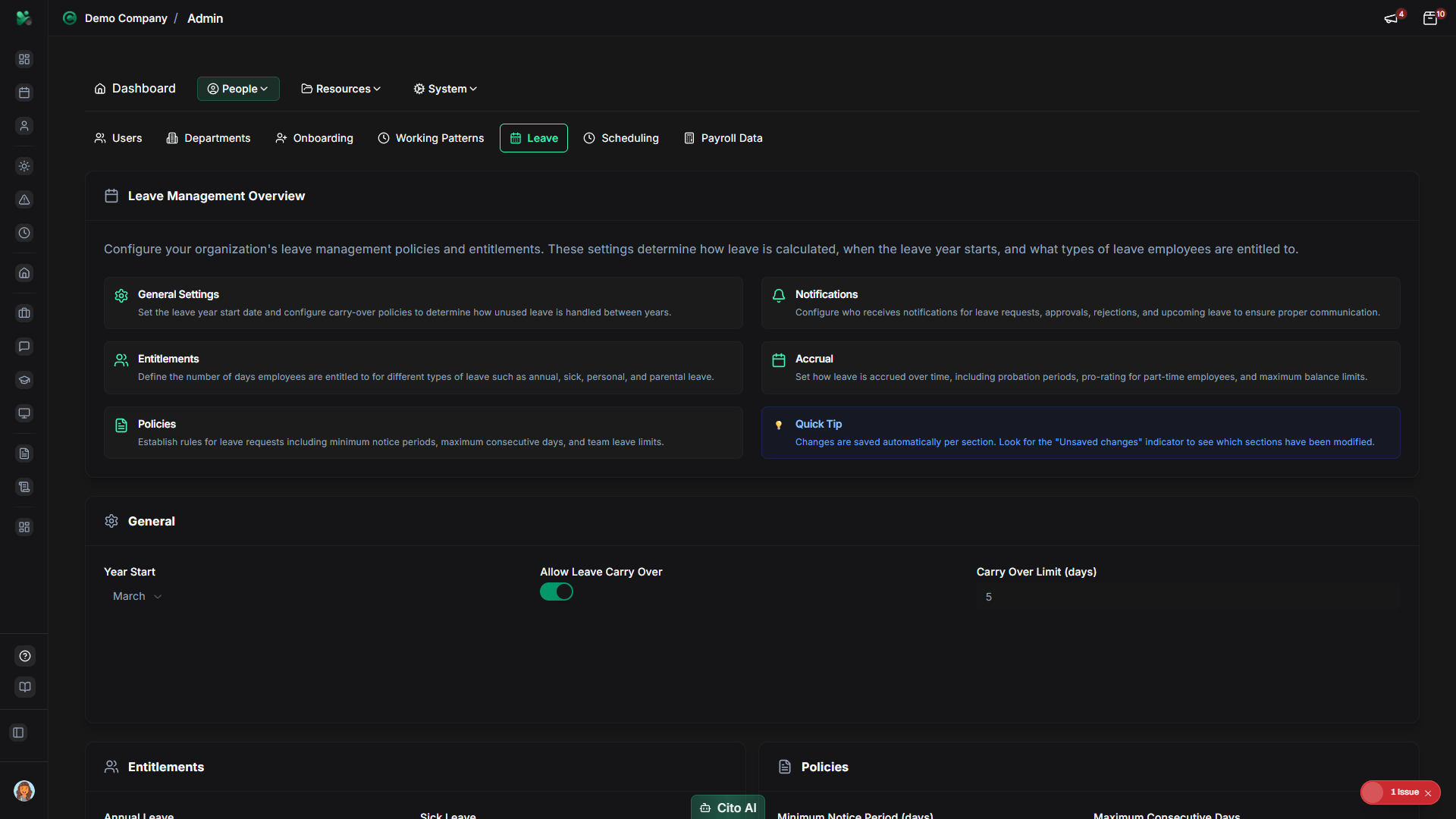 Admin navigation showing Leave option