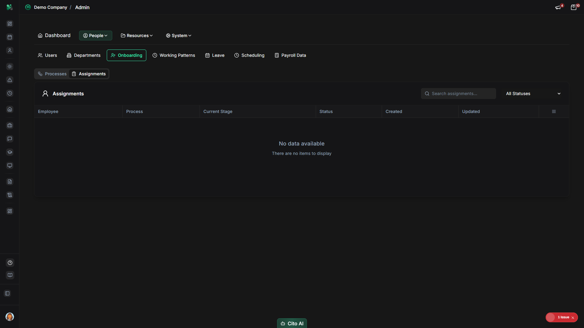 Onboarding assignments tab showing all assignments