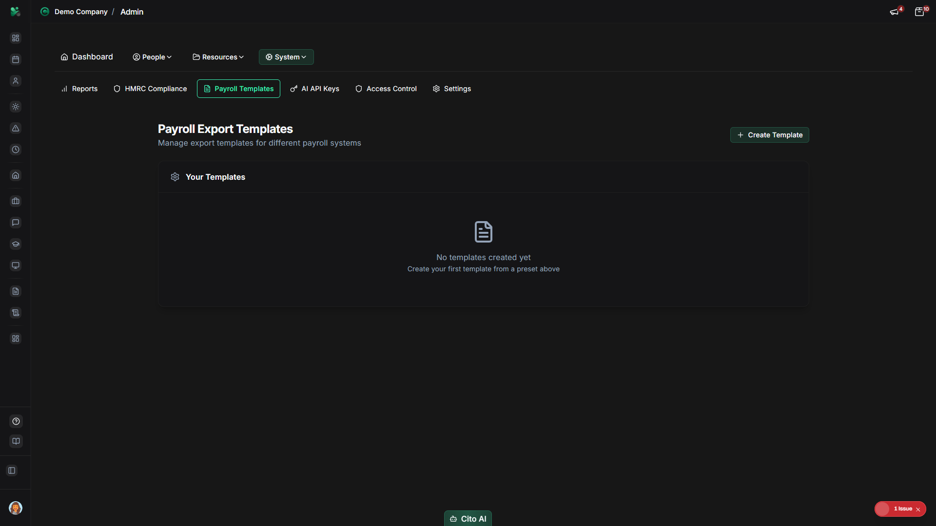 Payroll templates page showing create button
