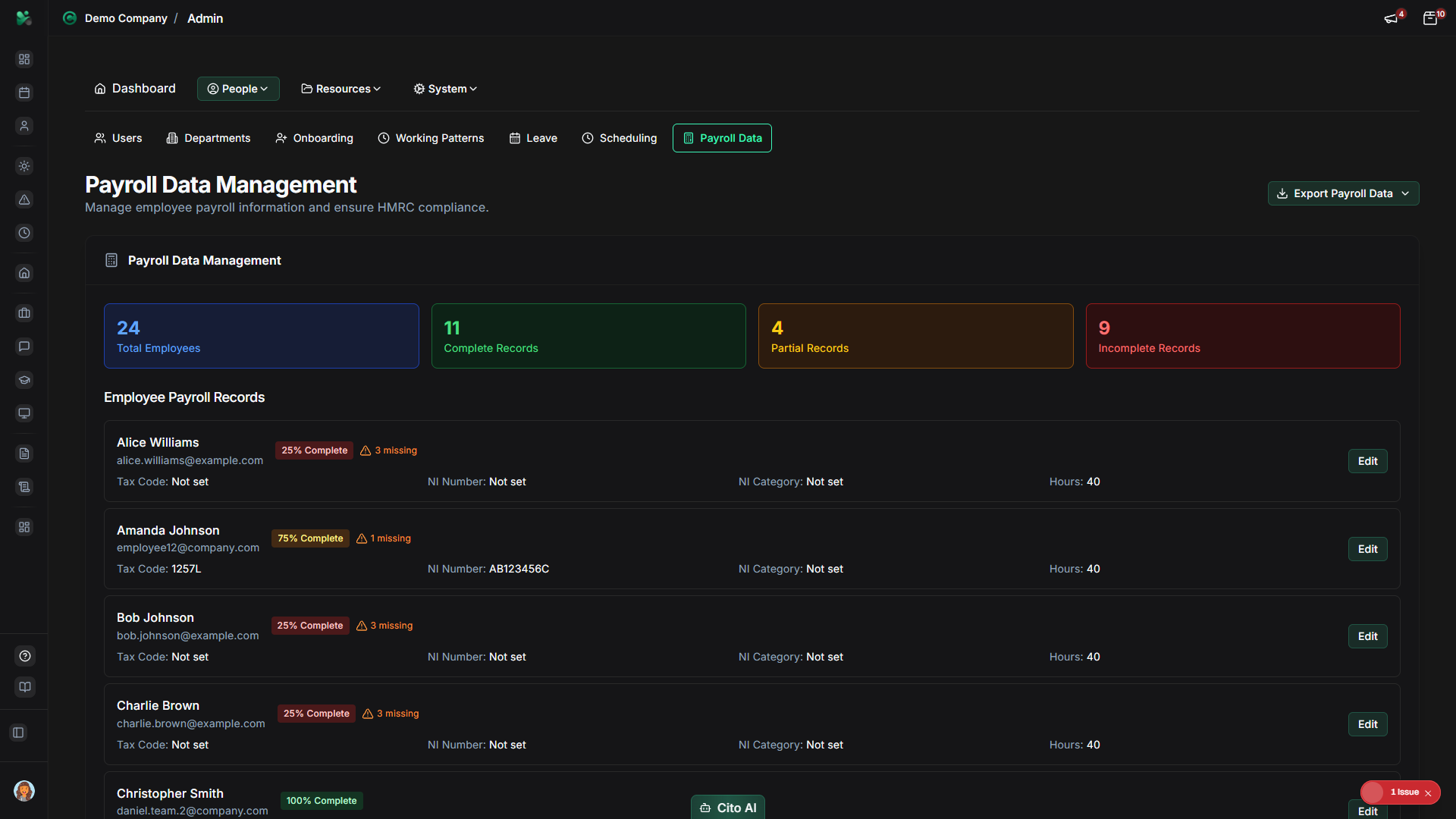 Admin navigation showing Payroll Data option