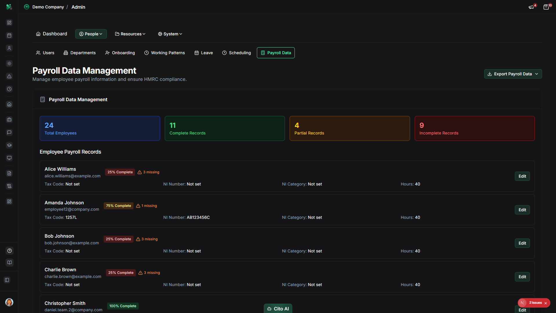 Export payroll data dialog showing template selection