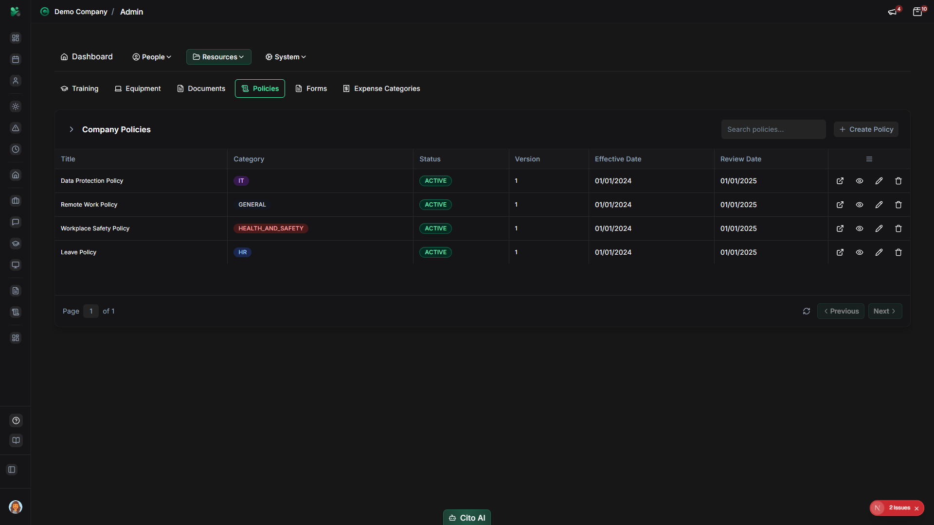 Admin navigation showing Policies option