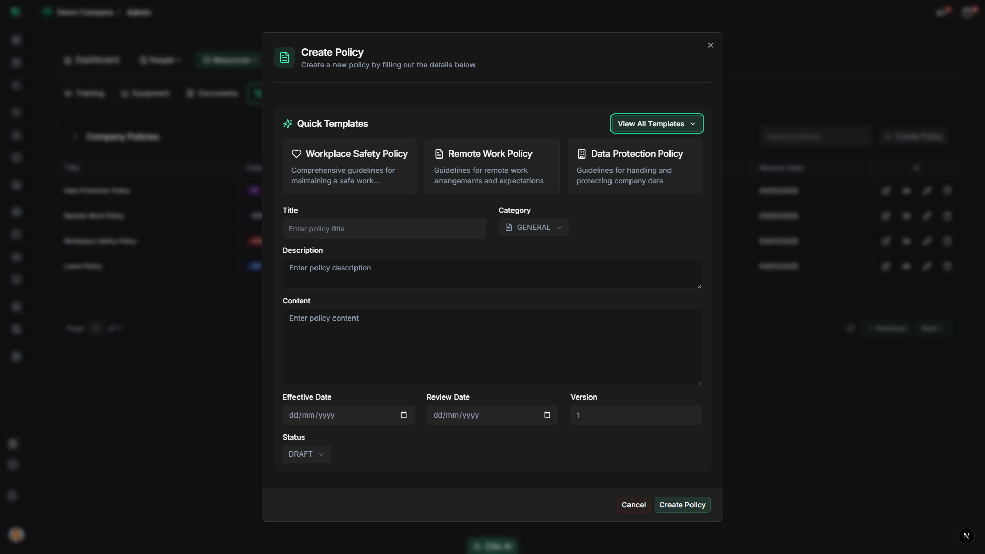Create policy dialog showing all fields