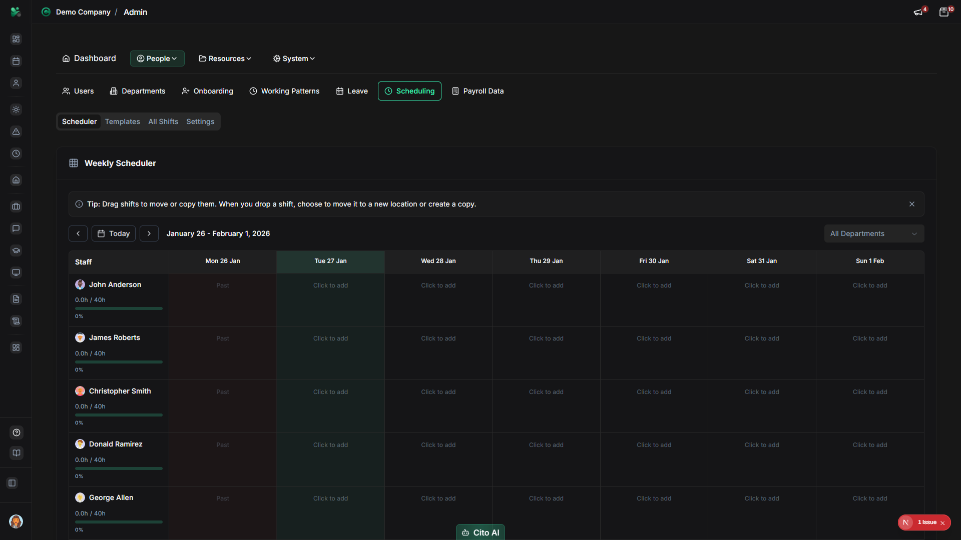 Admin navigation showing Scheduling option
