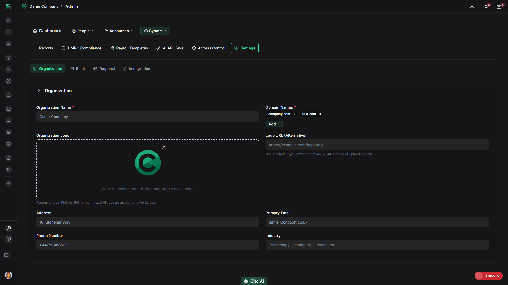 Admin navigation showing Settings option