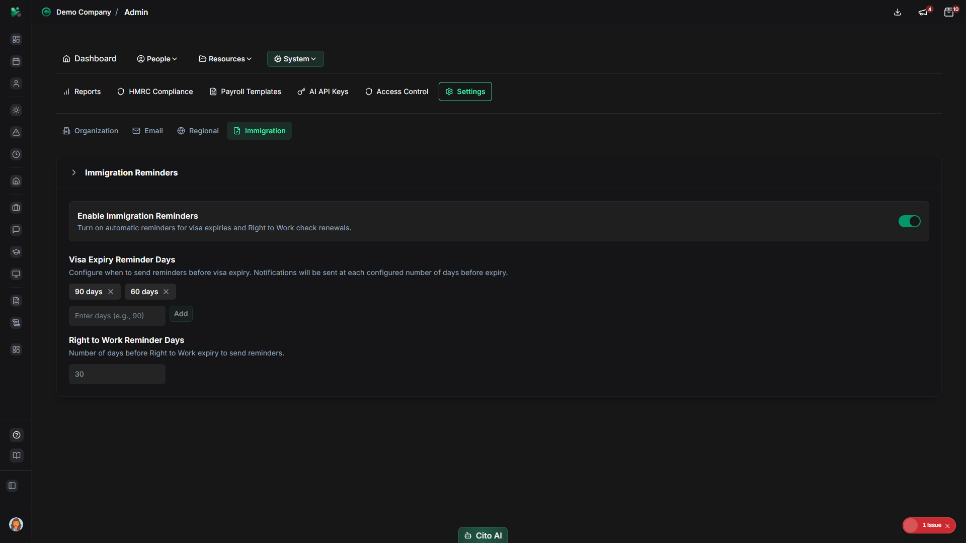 Immigration settings tab
