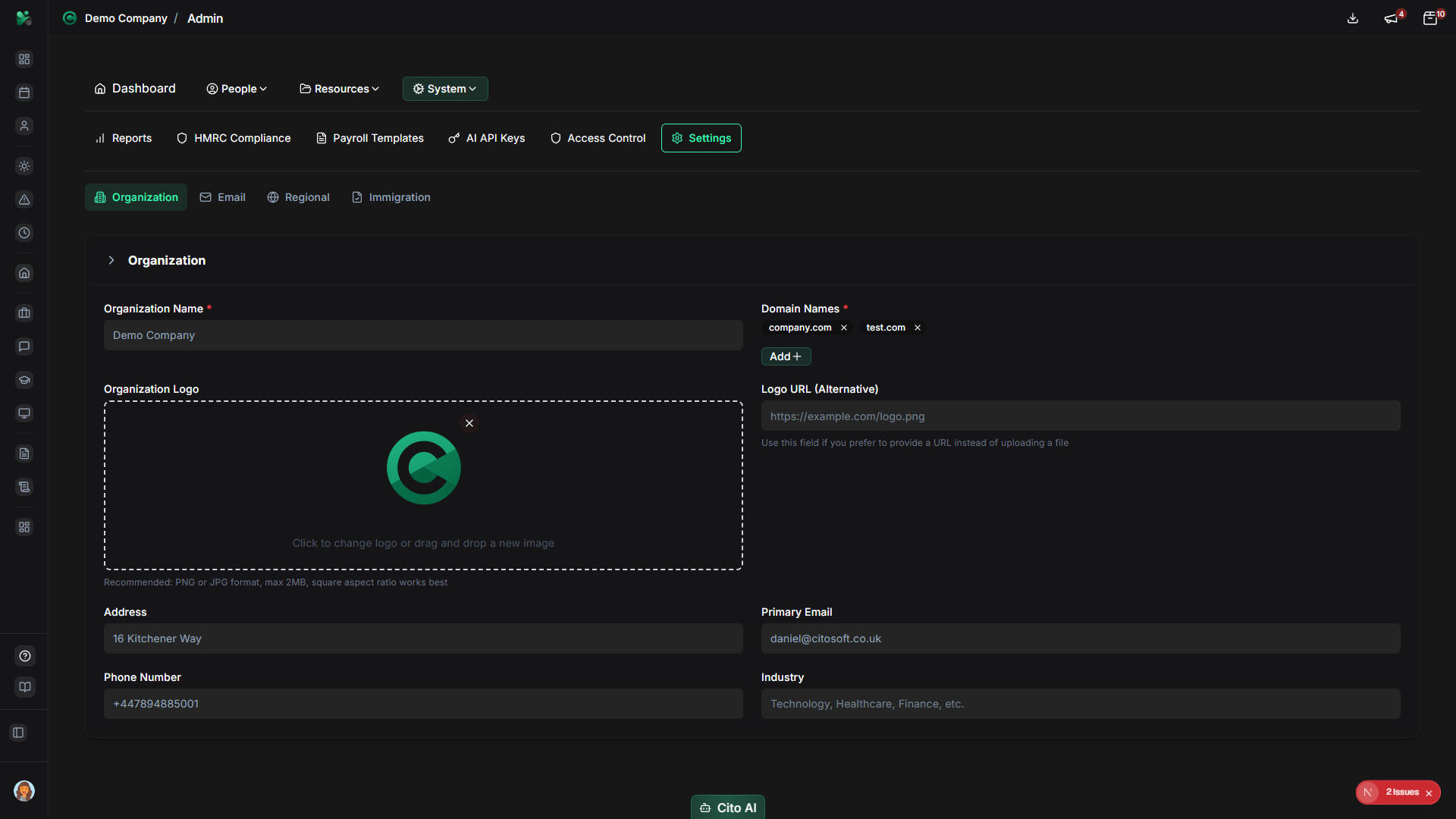 Organization settings tab
