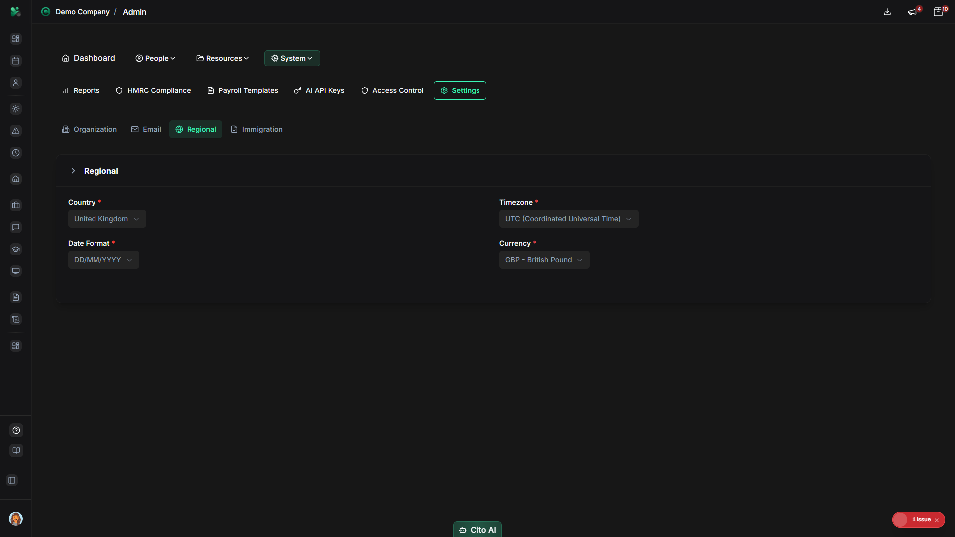 Regional settings tab