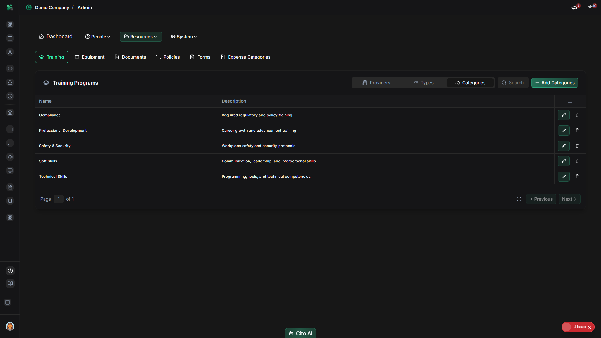 Training categories tab showing categories list