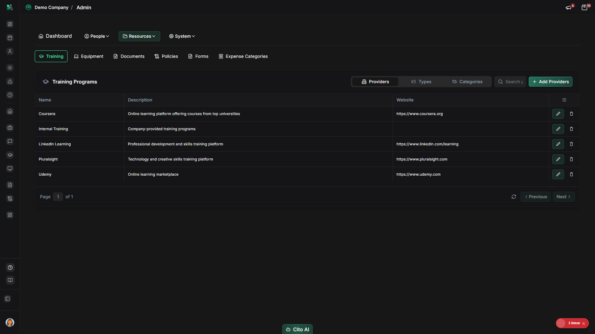 Training providers tab showing providers list