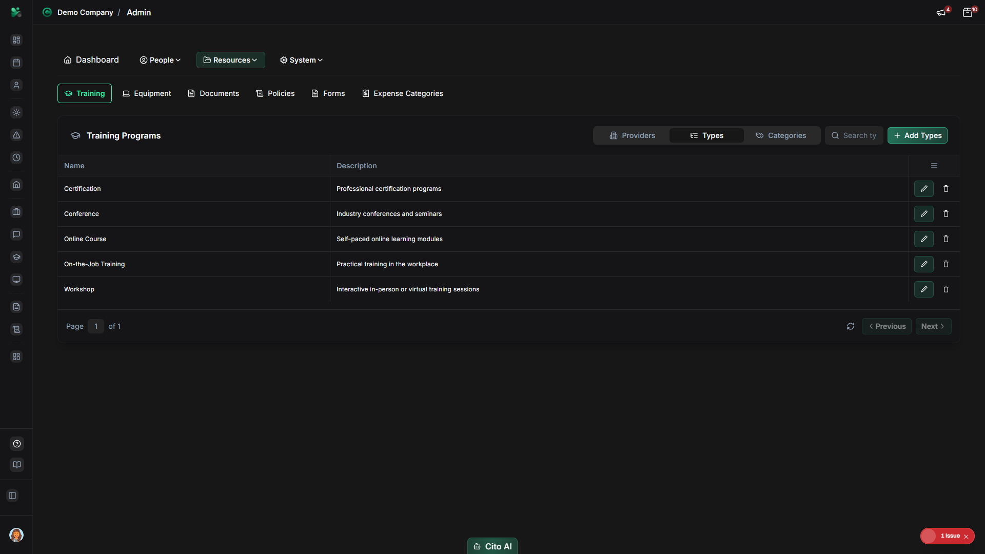 Training types tab showing types list