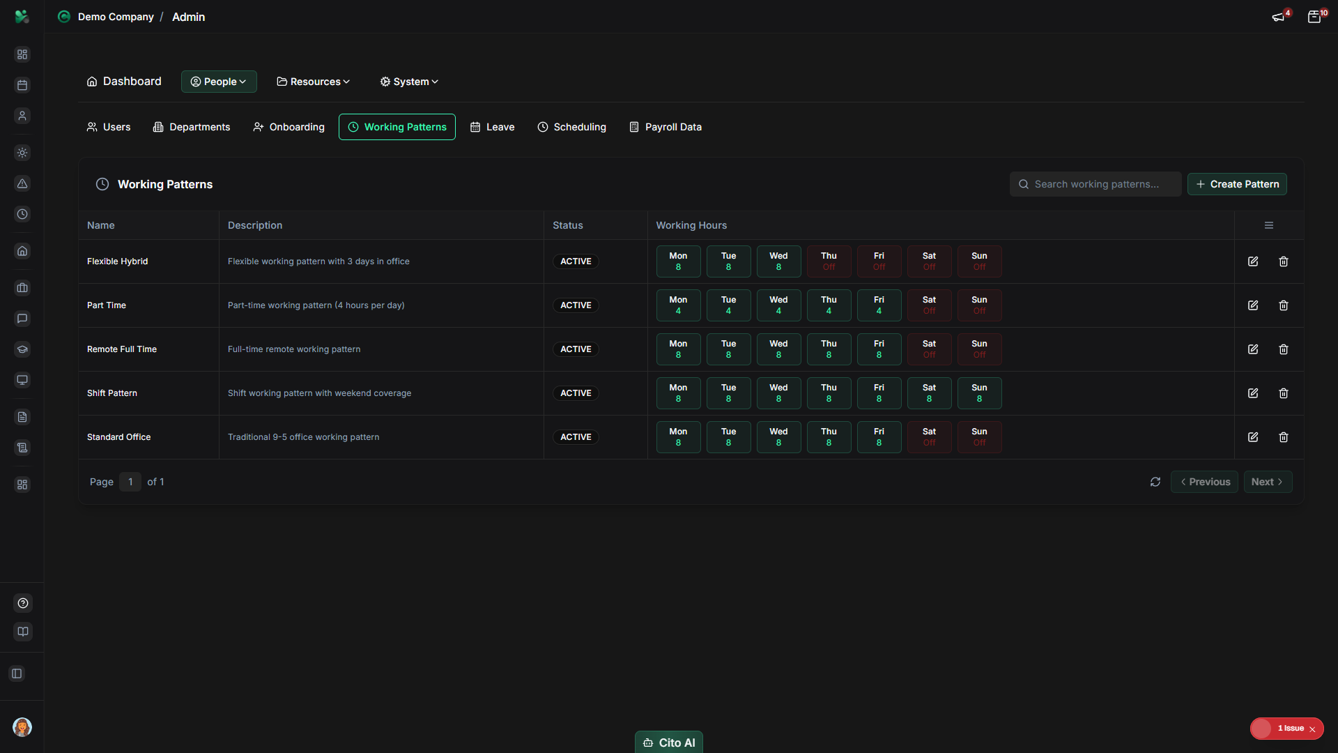 Admin navigation showing Working Patterns option