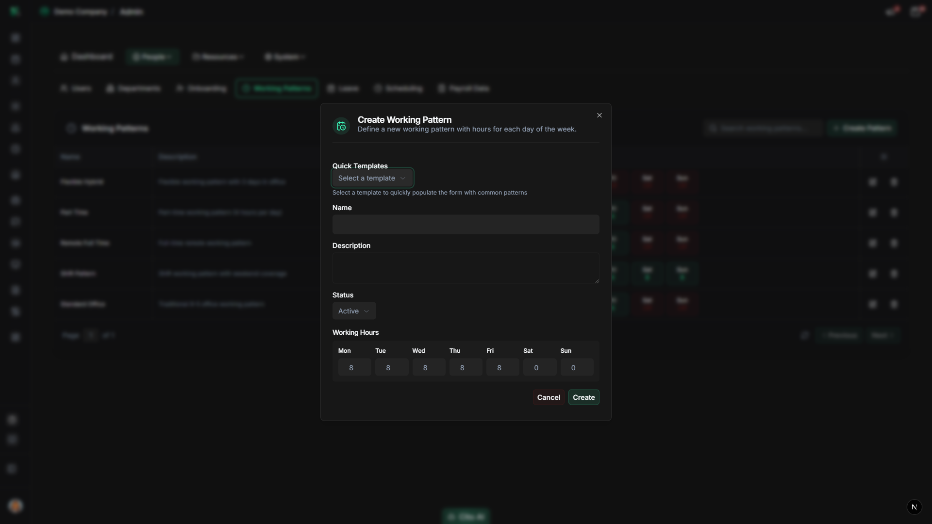 Create working pattern dialog showing all fields