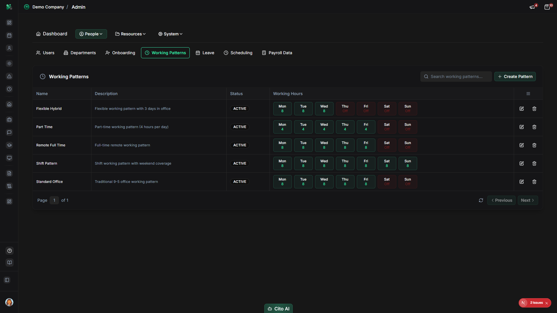 Edit working pattern dialog showing editable fields