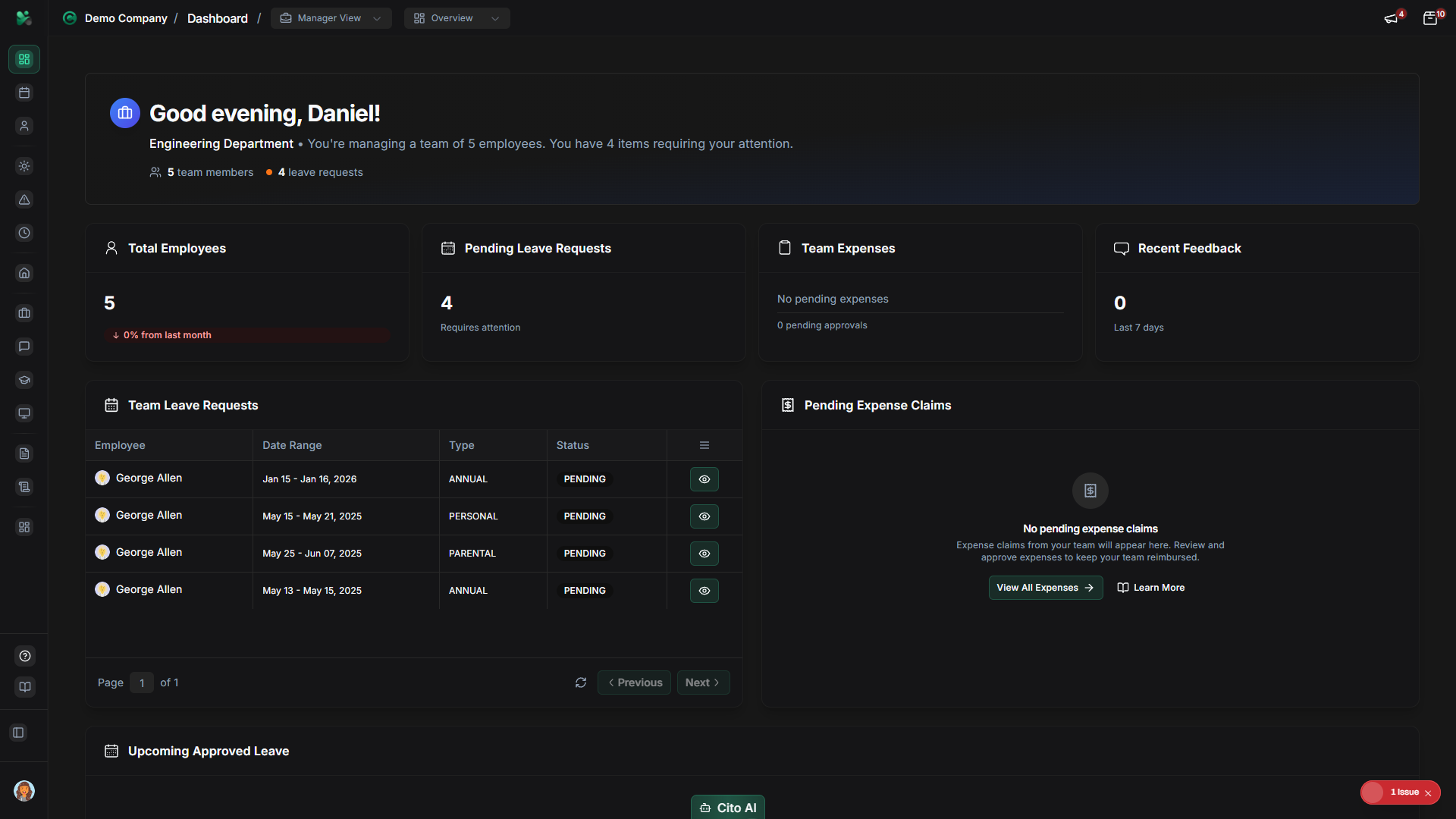 Dashboard page showing widgets and key metrics