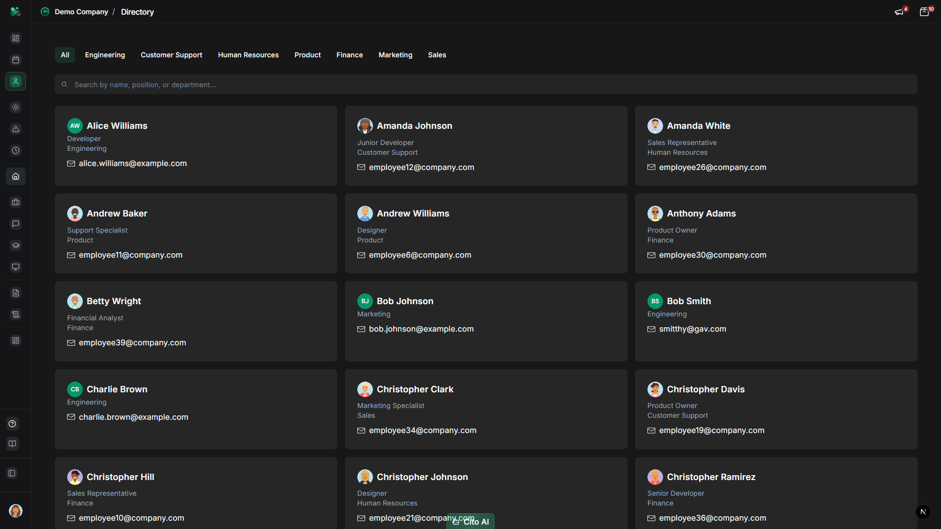 Employee directory page showing list of employees