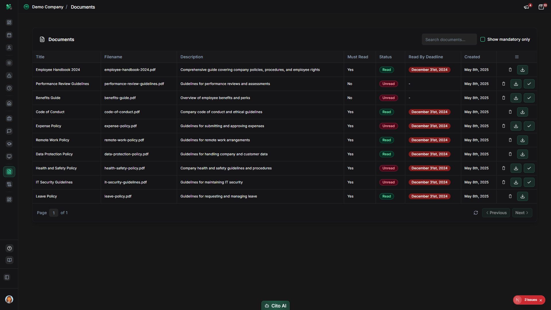 Documents page showing document list