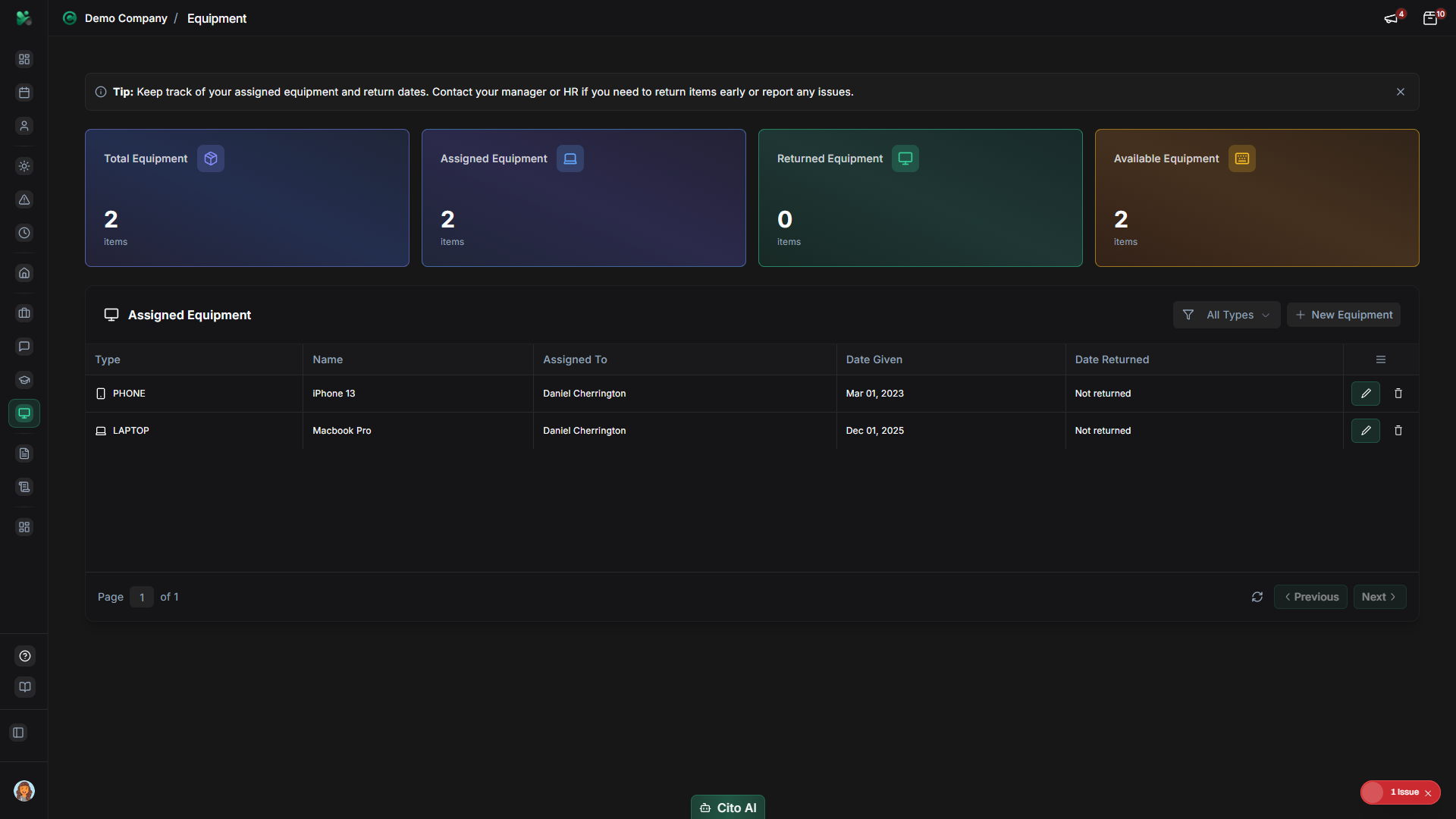 Equipment page showing list of assigned equipment