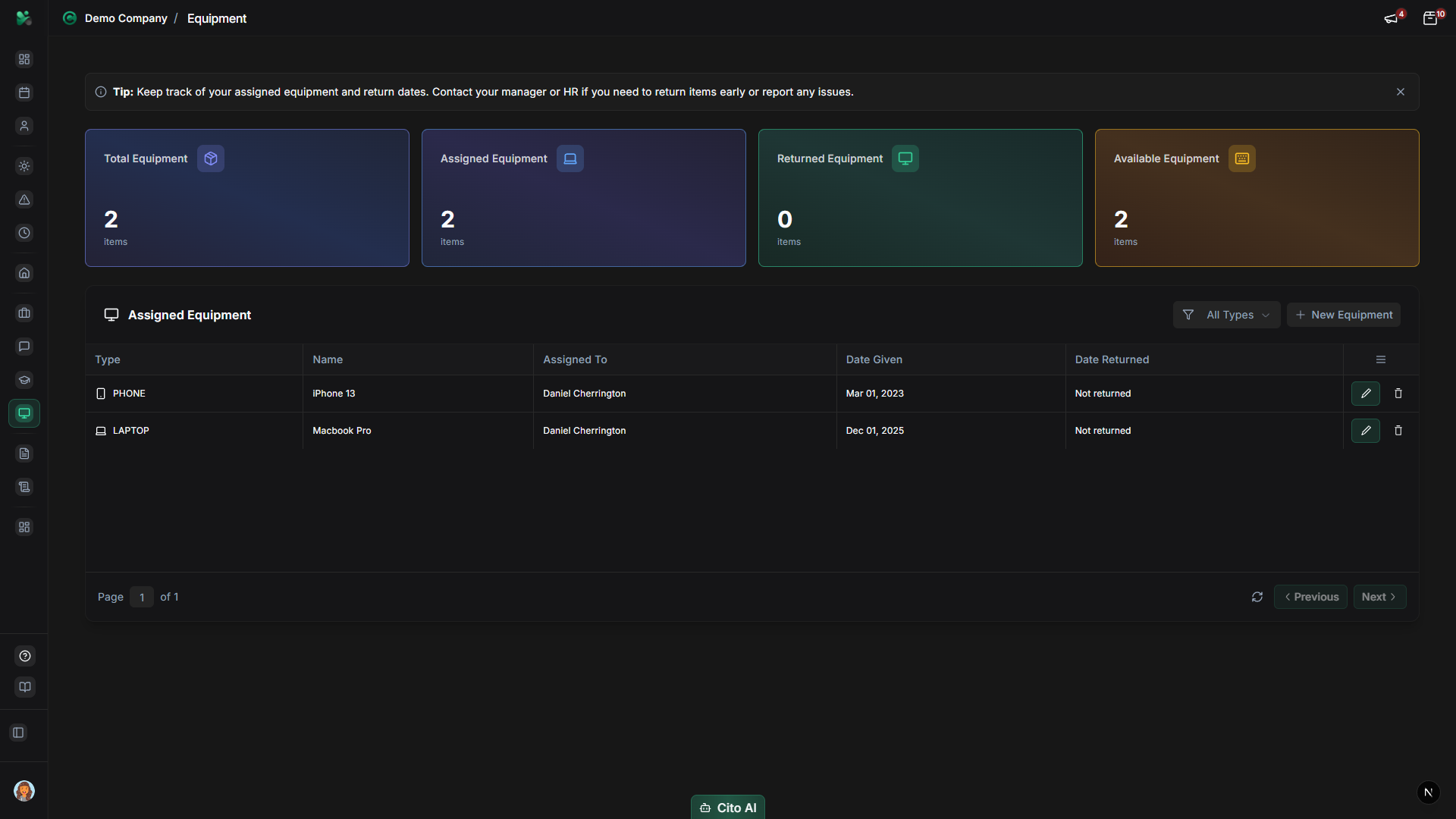 Assign equipment dialog showing employee selection