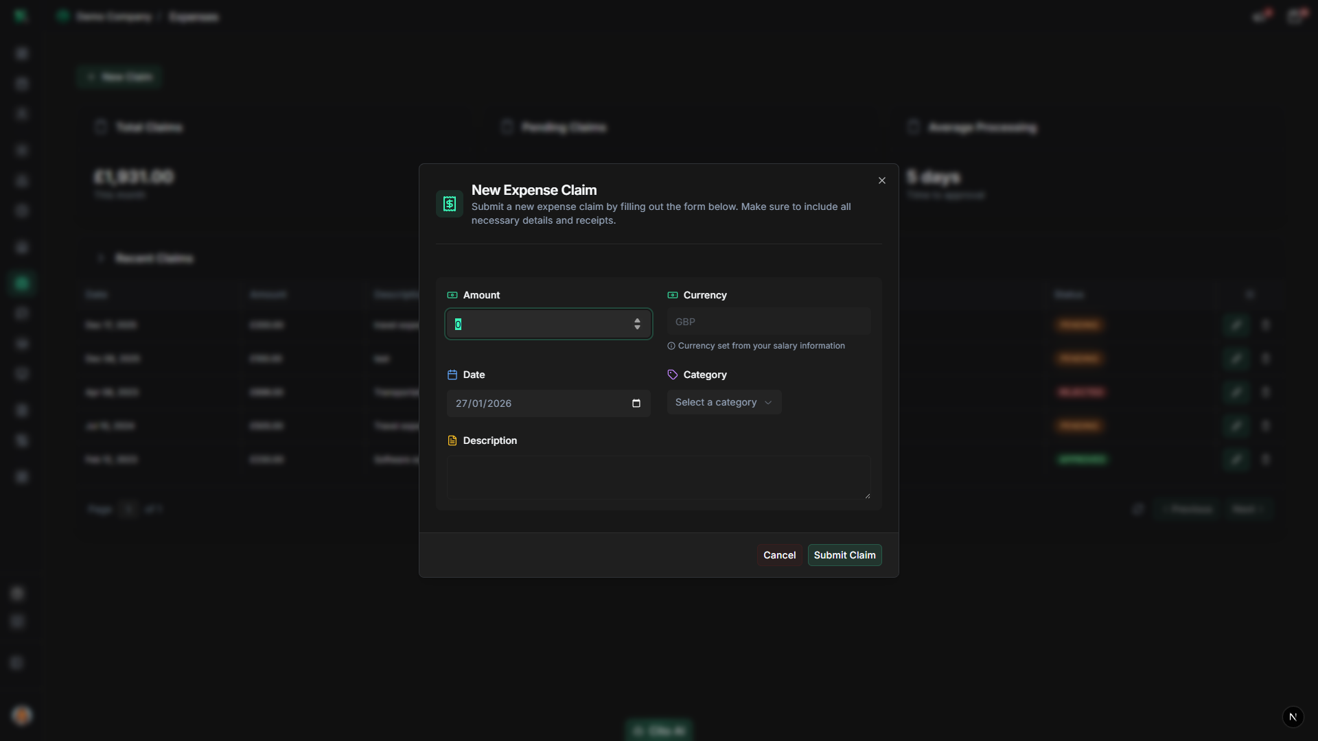 Expense claim form with all fields and receipt upload