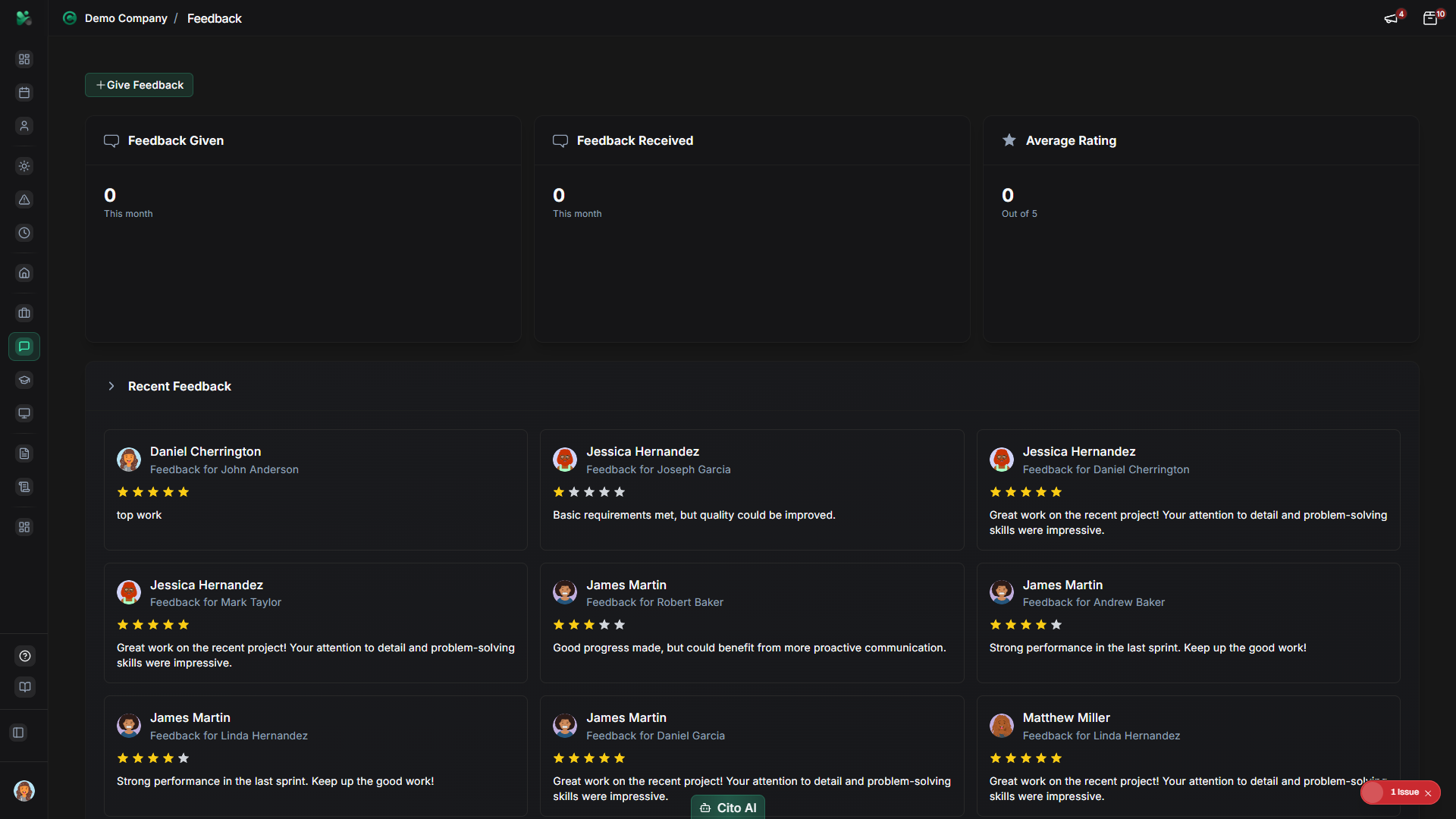 Team feedback dashboard showing all team members' feedback