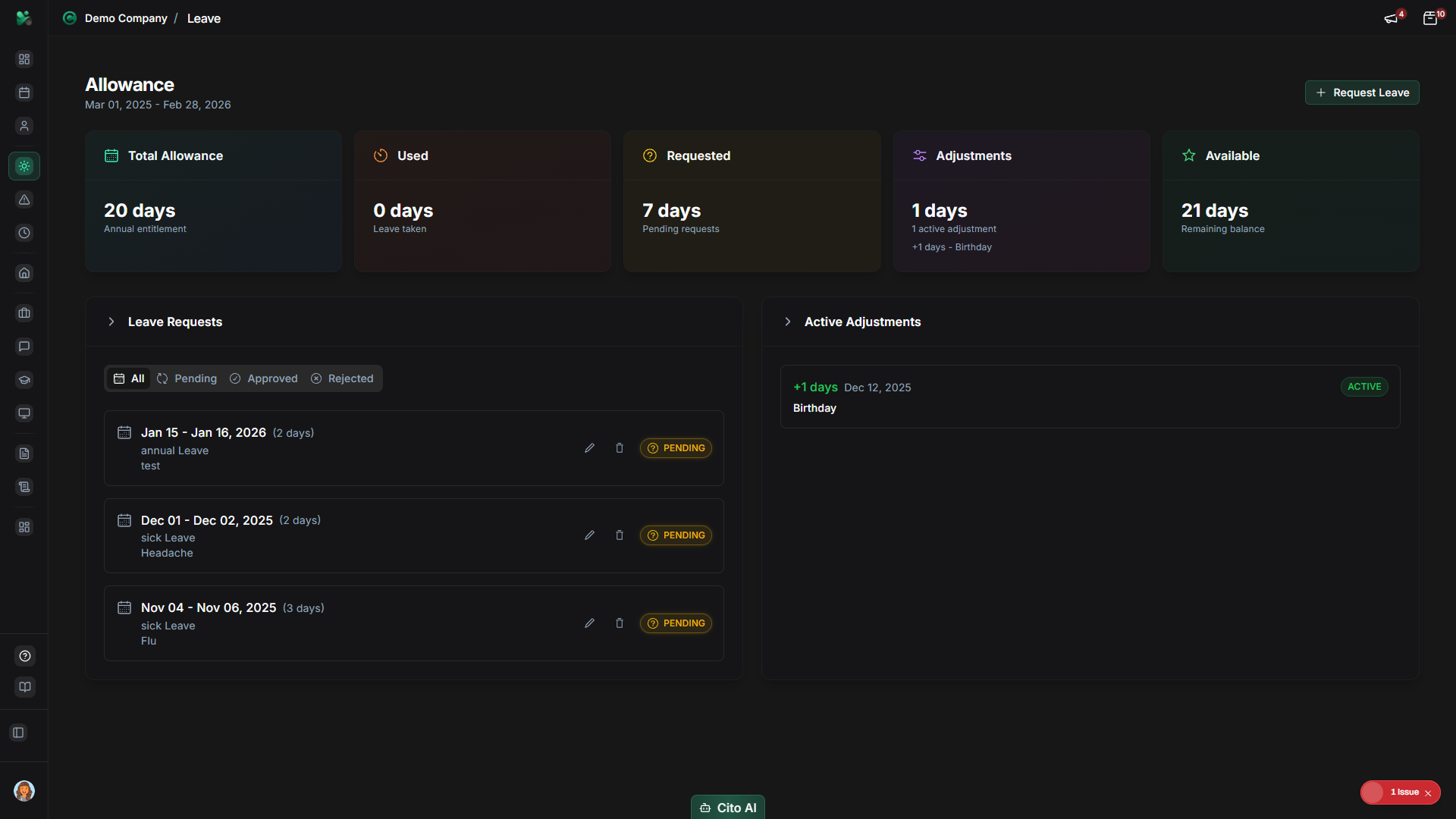Leave page showing leave requests and balance