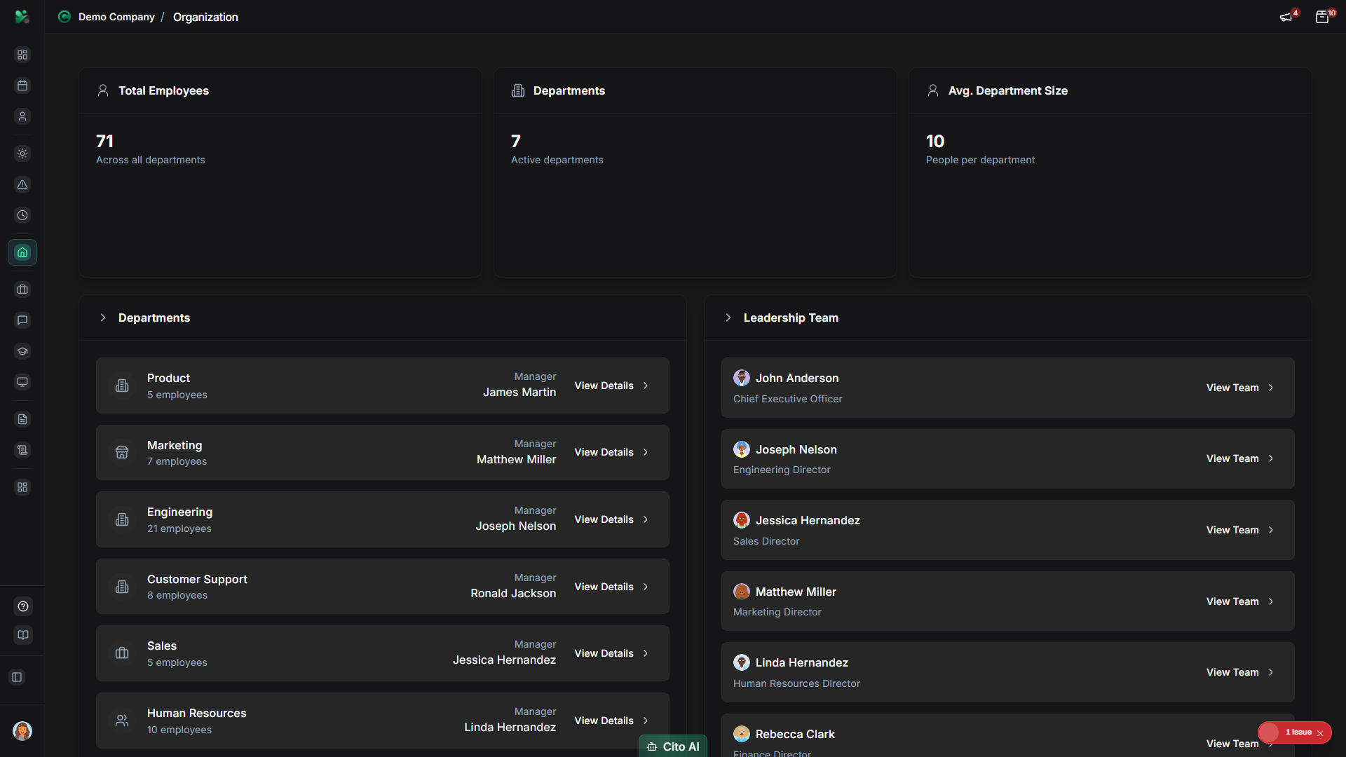 Organization page showing company structure