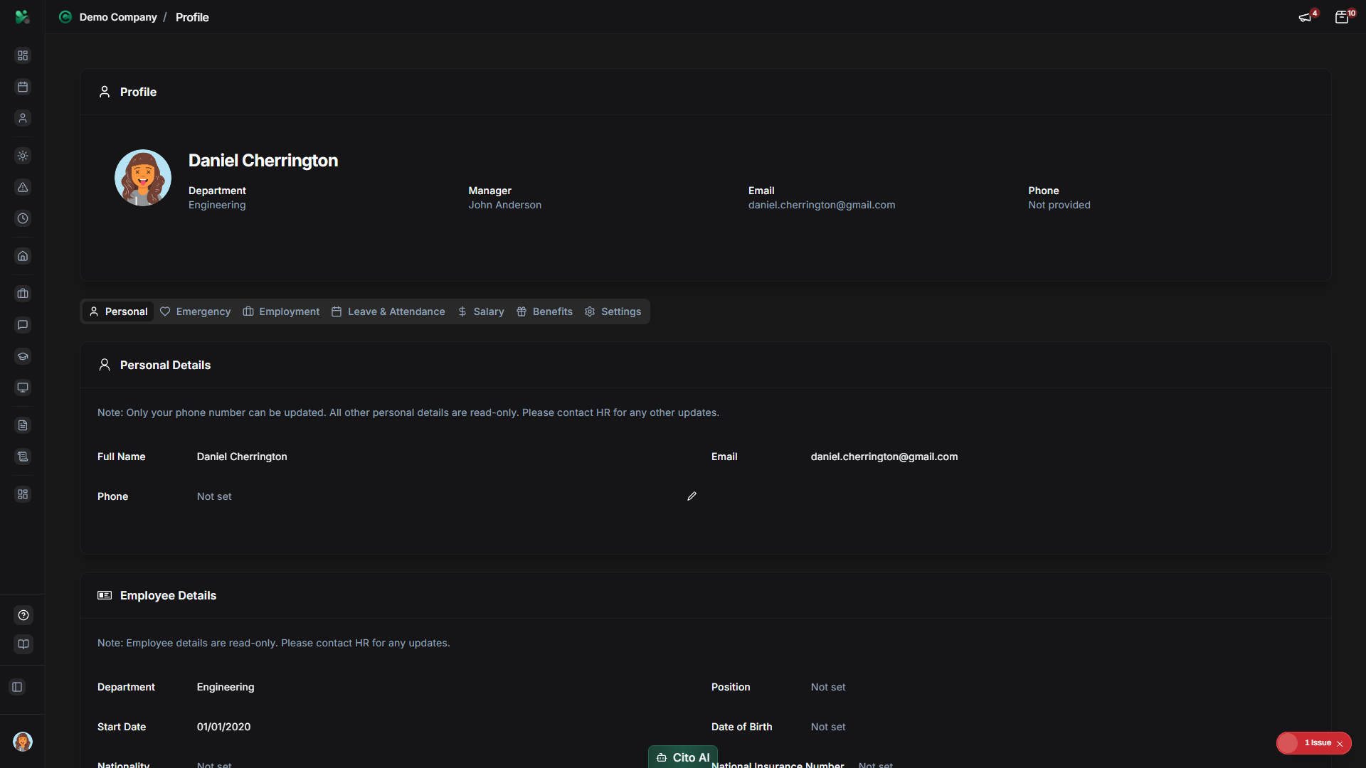 Profile page showing all profile sections